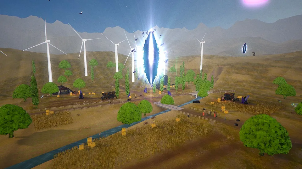 Wheat fields, a red barn and silos under a rift that lifts hay bales into the sky