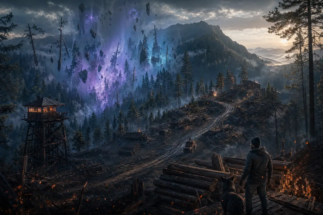 A misty pine forest ridge with a fire lookout tower and trees floating toward a rift