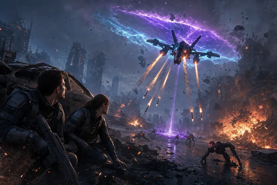 BroCalls: an attack drone dives out of a violet rift firing missiles