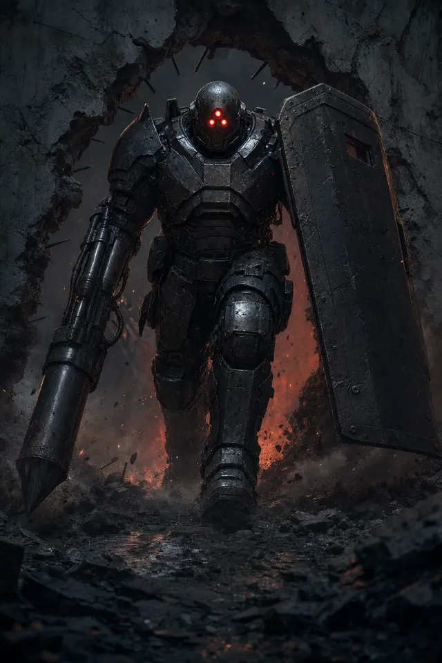 A hulking armored war machine with three red eye lenses smashes through a concrete wall with a shield