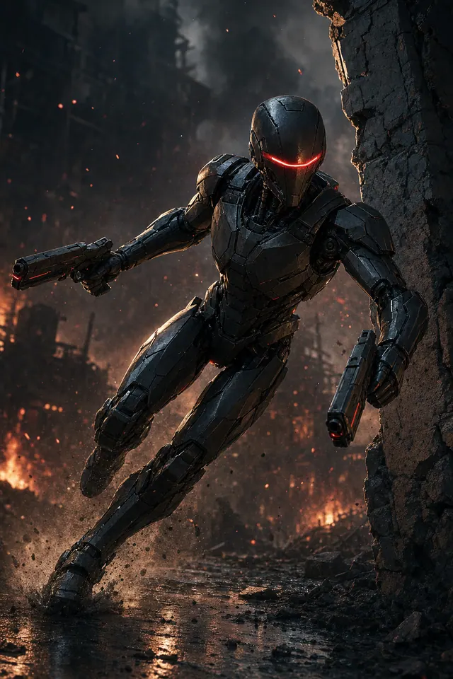 A lean black combat android with a single red visor slides sideways with twin blasters