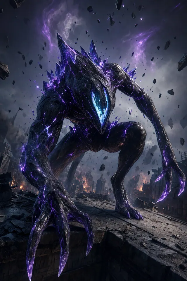 A gaunt obsidian creature split by glowing violet fissures crouches on a rooftop ready to pounce