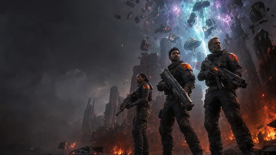 Key art: three heroes beneath a dimensional rift over a burning city