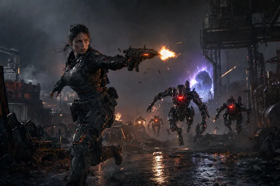 A lone operator sprints through a rainy industrial yard firing at pursuing robots