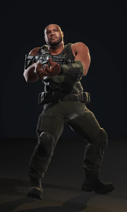 Anvil, a massive heavy gunner with a shaved head, thick beard and armoured olive plate carrier
