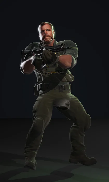 Bishop, a burly red-bearded support gunner in a heavy olive carrier loaded with ammo