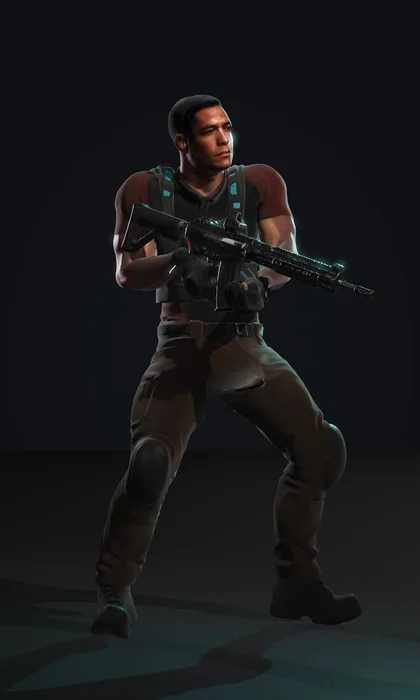 Kade, a lean, muscular pointman in a slate carrier with turquoise stripes
