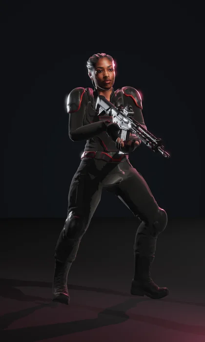 Saber, an athletic breacher with tight cornrows in a crimson and black plate carrier