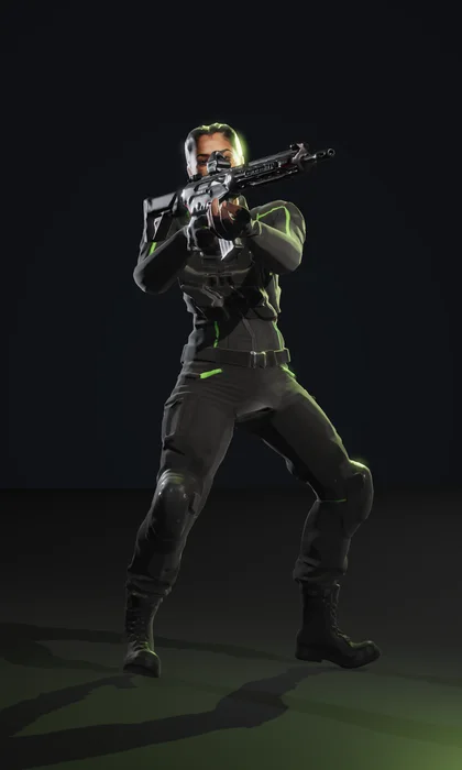 Sierra, a fit combat driver with a dark French braid in a charcoal jacket with lime piping