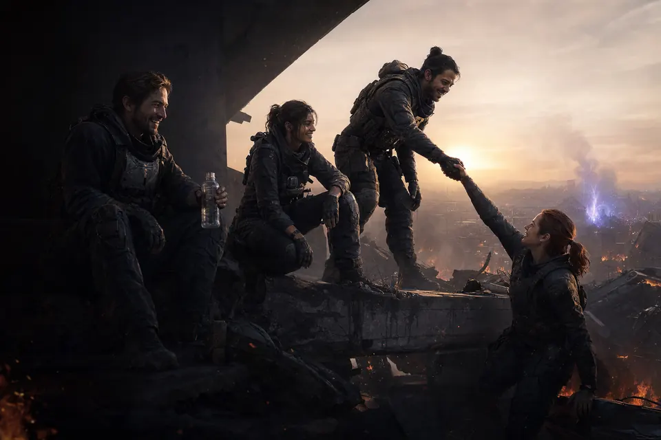 A squad rests together on a ruined overpass at dawn
