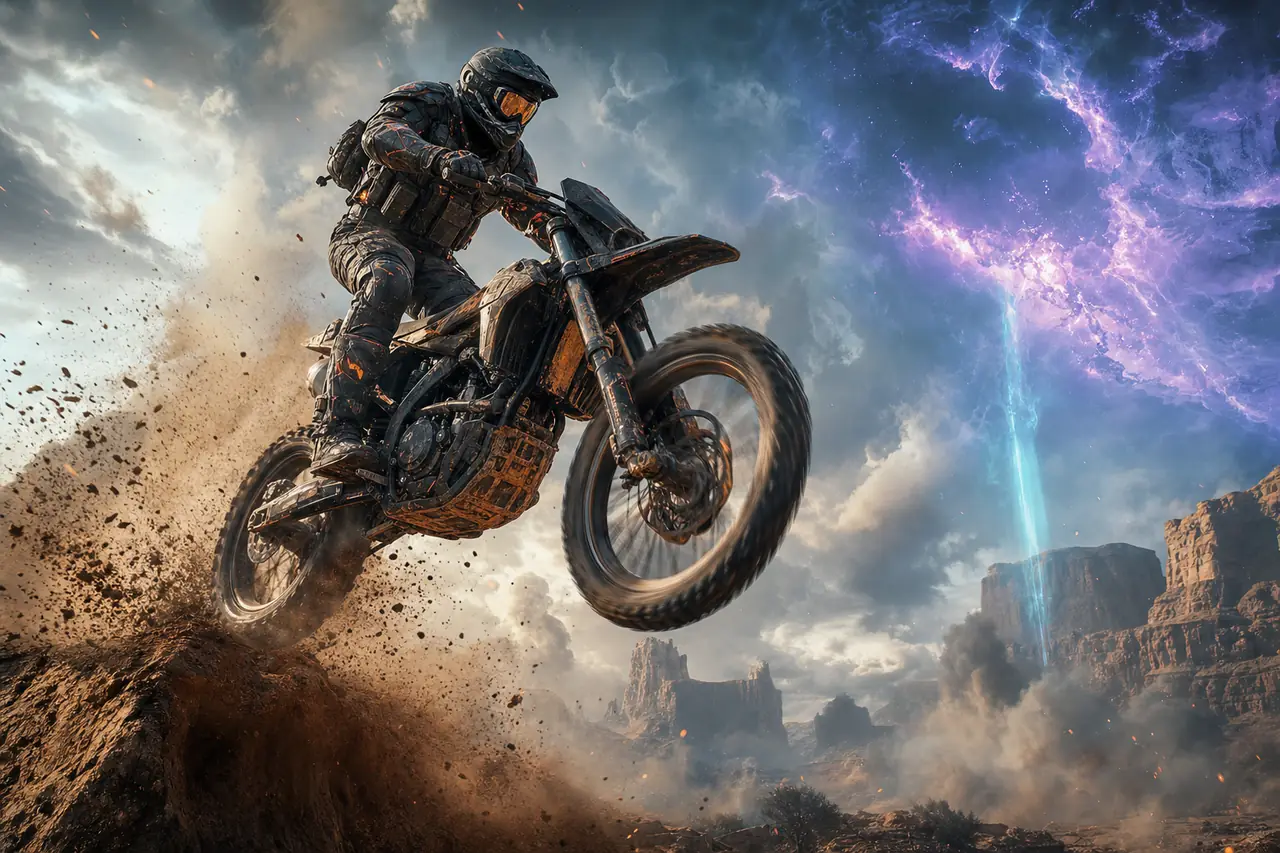 An operator launches a dirt bike off a ramp in a desert canyon