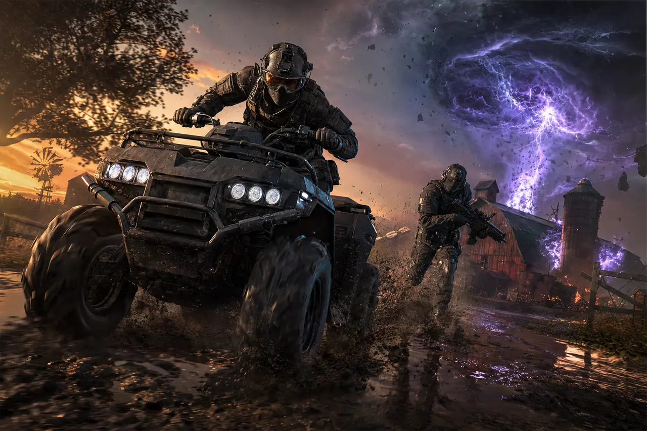 An operator tears across a muddy field on an armored quad bike