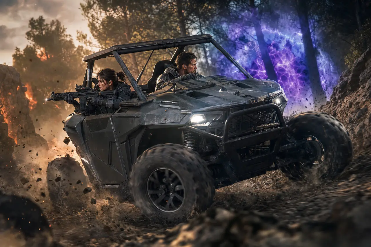 Two teammates drift a side-by-side around a gravel bend while one aims a rifle